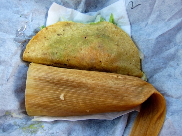 Handmade chicken tamale and deep-fried beef taco at El Parasol