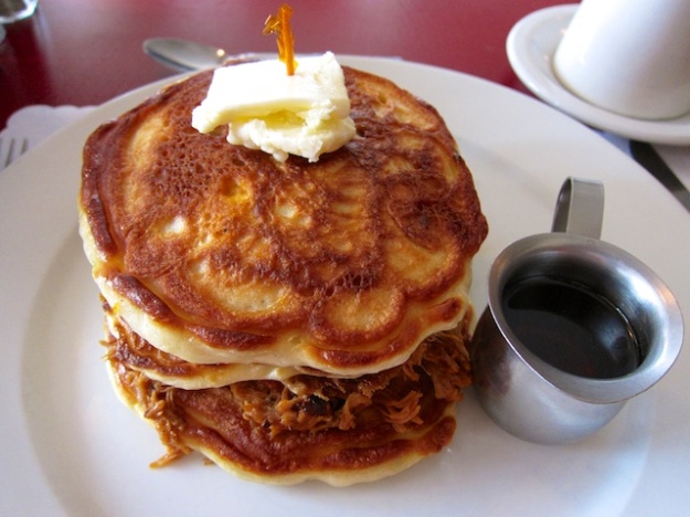 How about some pulled pork layered between these  pancakes, with Jack Daniels maple syrup as a sweetener?